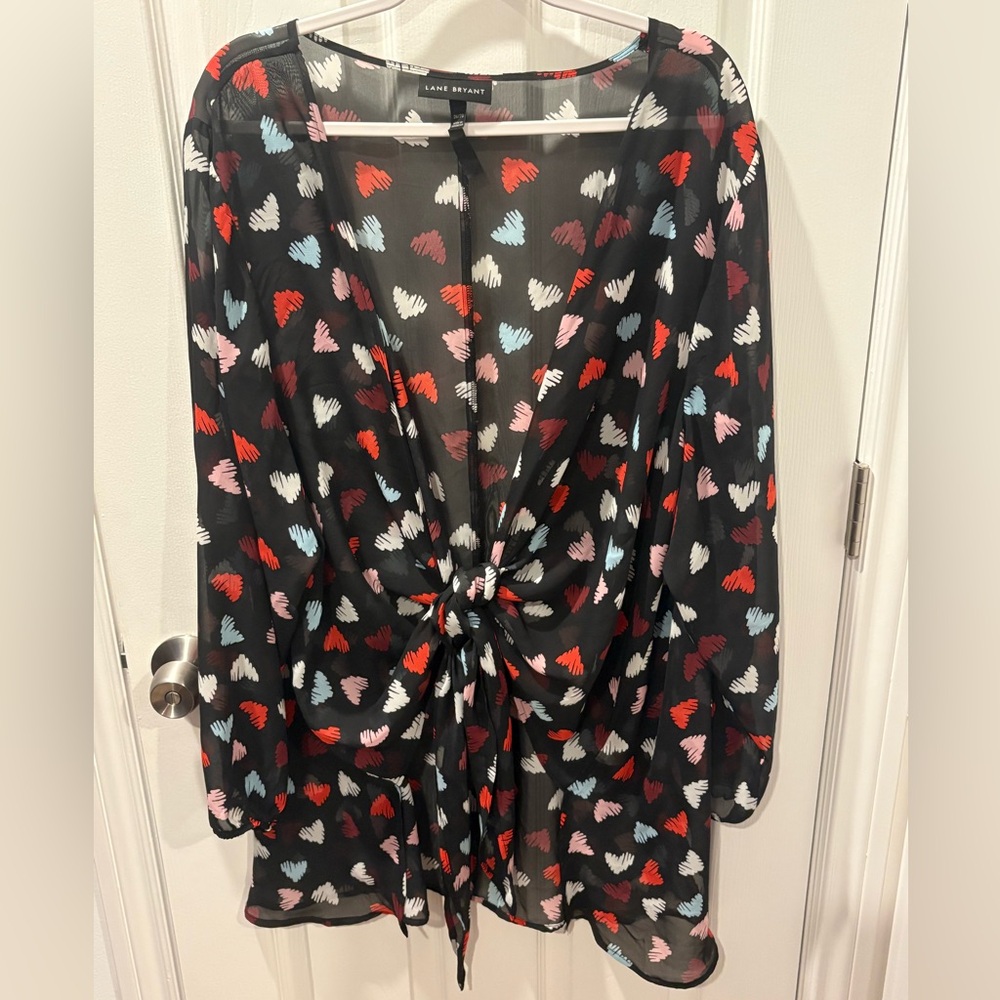 Lane Bryant 26/28 Sheer Black Tie-front cover-up with Heart Pattern